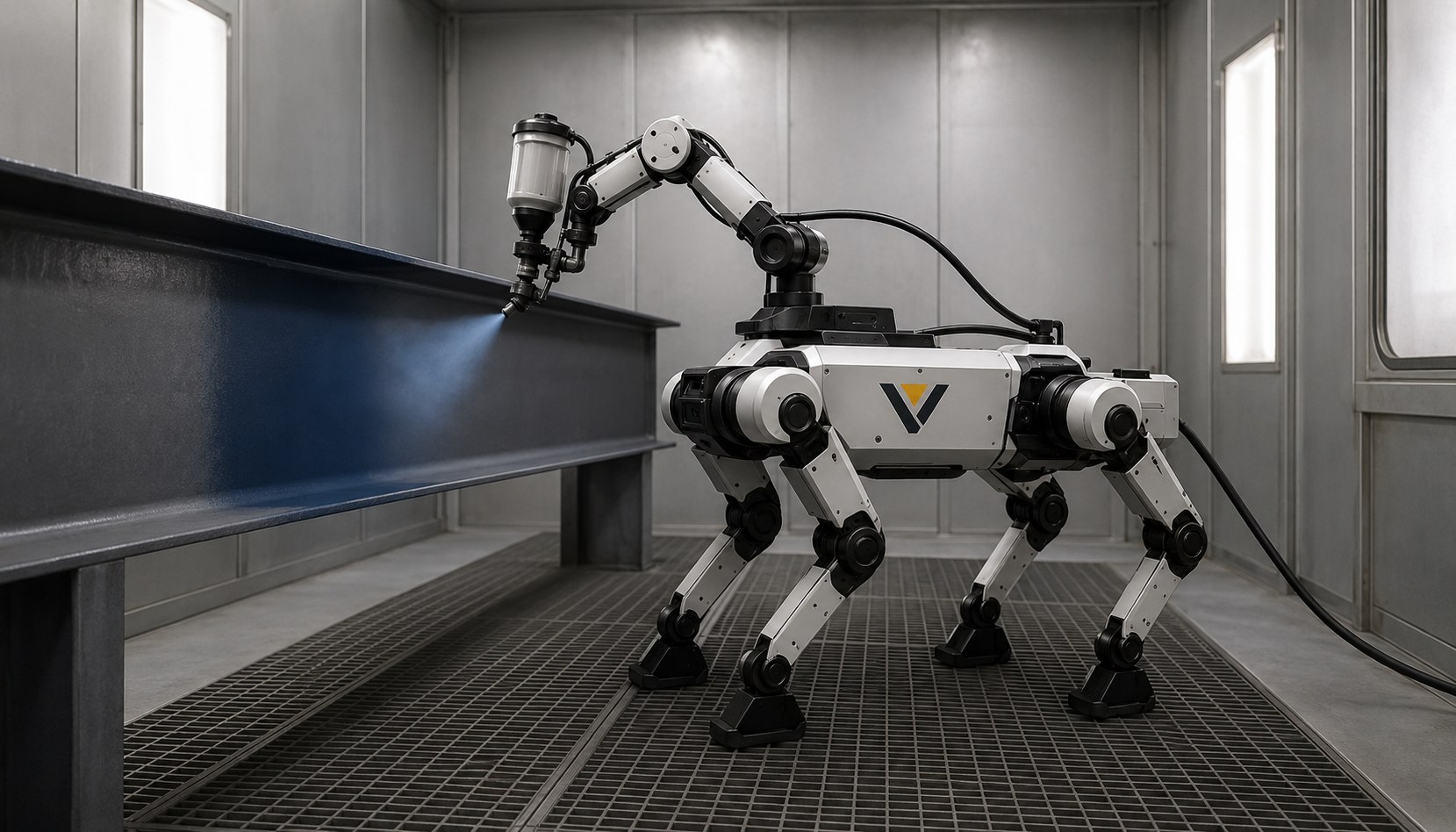 Vyomax quadruped robot spray-coating a structural steel beam inside a coating booth.