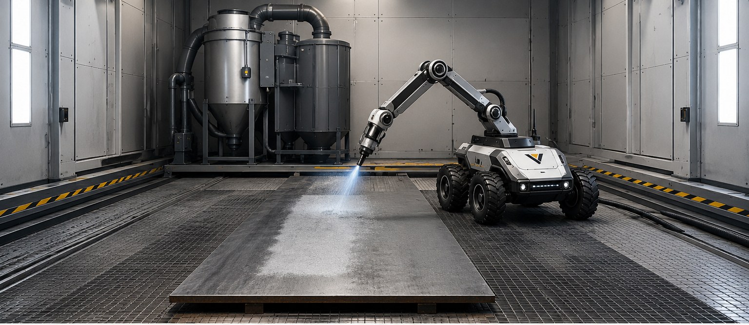 Vyomax rover robot abrasive-blasting a steel plate inside a blast booth.
